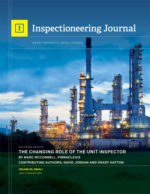 An industrial refinery with tall illuminated towers against a blue and orange sky, with the "Inspectioneering Journal" title