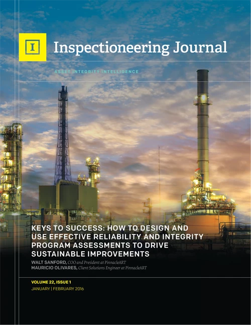 Industrial plant at sunset with "Inspectioneering Journal" and featured article " Keys to success" How to design and use effective reliability and integrity program assessments to drive sustainable improvements