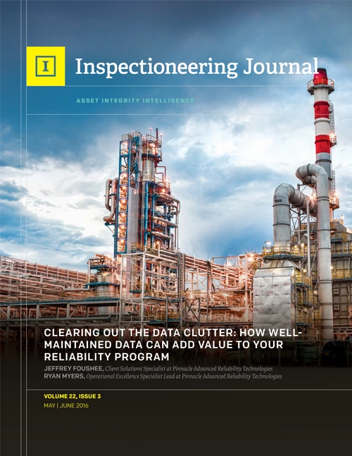 An Industrial refinery with tall stacks and complex piping, under the "Inspectioneering Journal" masthead.