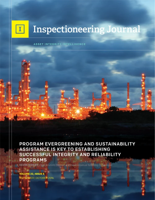 An illuminated industrial plant with pipelines and towers at dusk, reflected in water, under the "Inspectioneering Journal" title