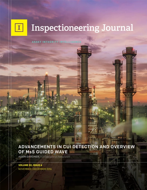 An illuminated industrial plant with multiple towers and a vast complex at dusk, with the "Inspectioneering Journal" title