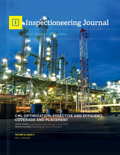 A night view of a large industrial plant with numerous glowing pipes and structures, and a tall red and white communications tower, with the "Inspectioneering Journal" title at the top.