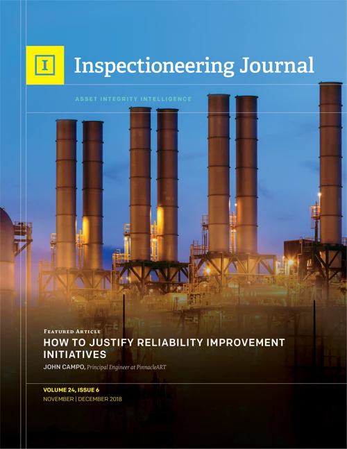 A wide shot of an industrial plant with multiple tall, illuminated stacks at dusk, with the "inspectioneering Journal" title.