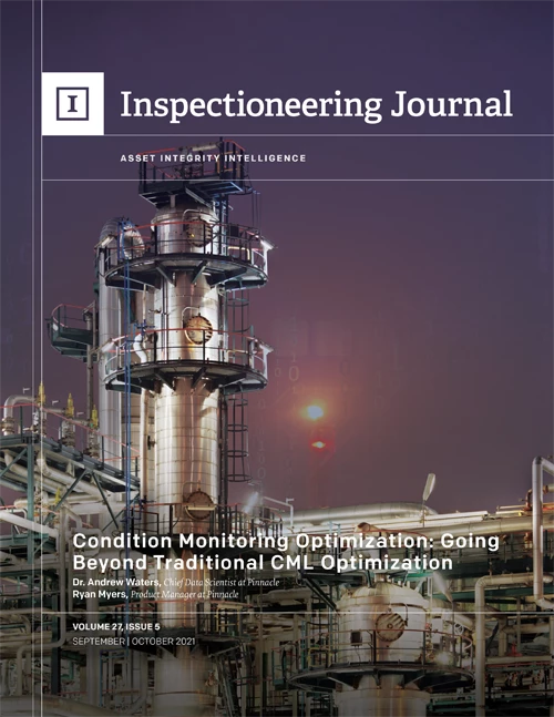A complex industrial distillation column at twilight, with the "Inspectioneering Journal" title above.