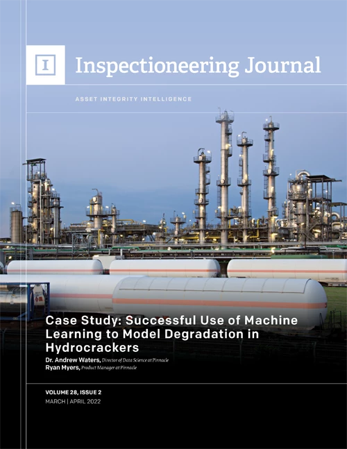 An industrial facility with multiple large storage tanks and complex structure at dusk, with the "Inspectioneering Journal" title