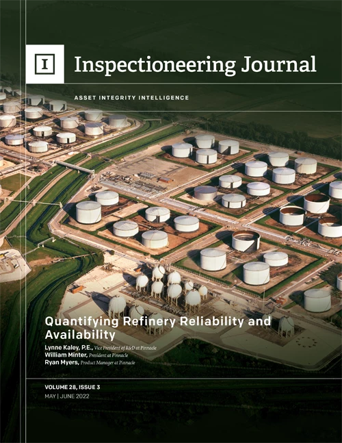 An aerial view of a large industrial complex with many white storage tanks, under the title "Inspectioneering Journal"