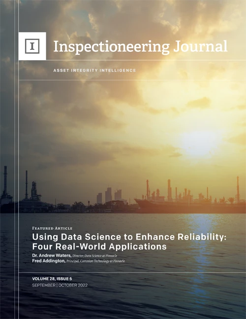 A wide shot of an industrial plant and a ship on the water at sunset, with "inspectioneering Journal" visible.