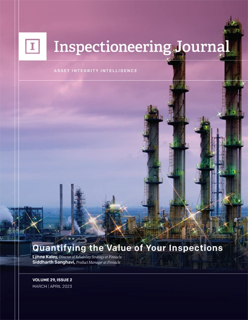 A nighttime industrial plant with tall towers and steam rising, under the title "Inspectioneering Journal"