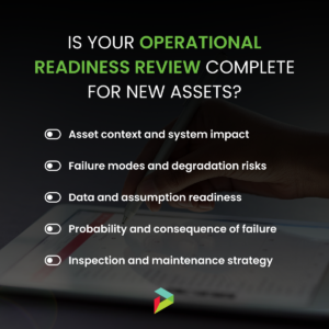 Operational readiness review checklist for new assets including asset context, failure risks, and maintenance strategy.