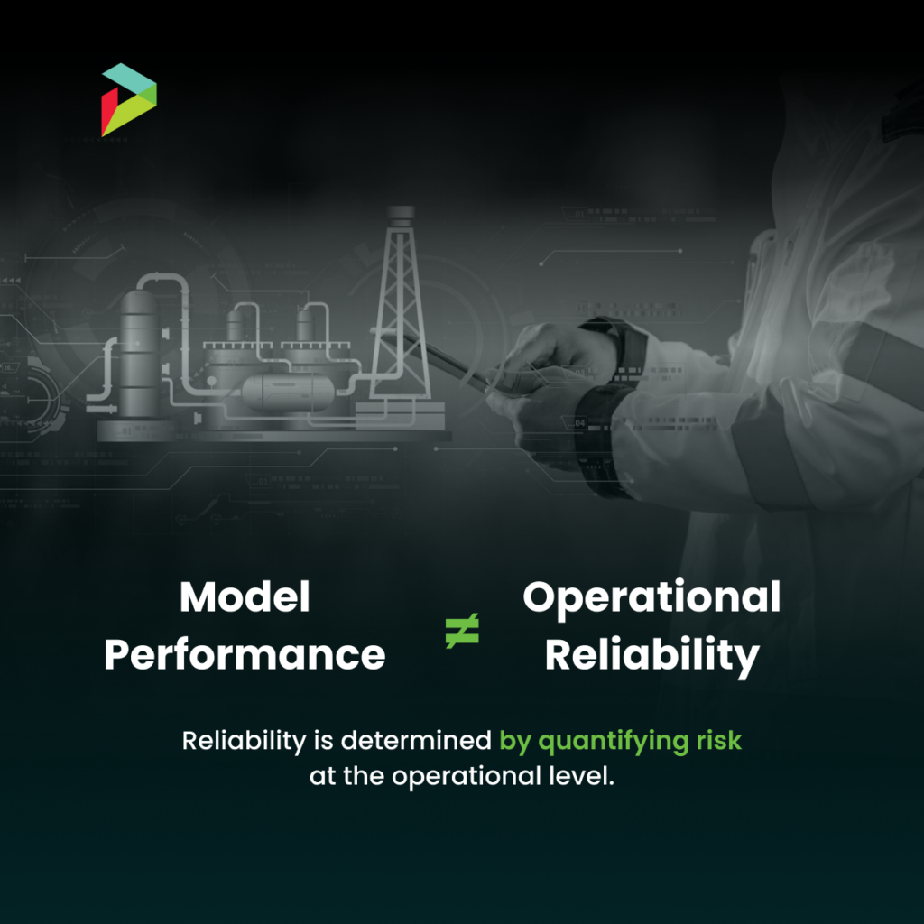 Industrial graphic showing an engineer using a tablet with process equipment overlays, illustrating the difference between model performance and operational AI reliability.